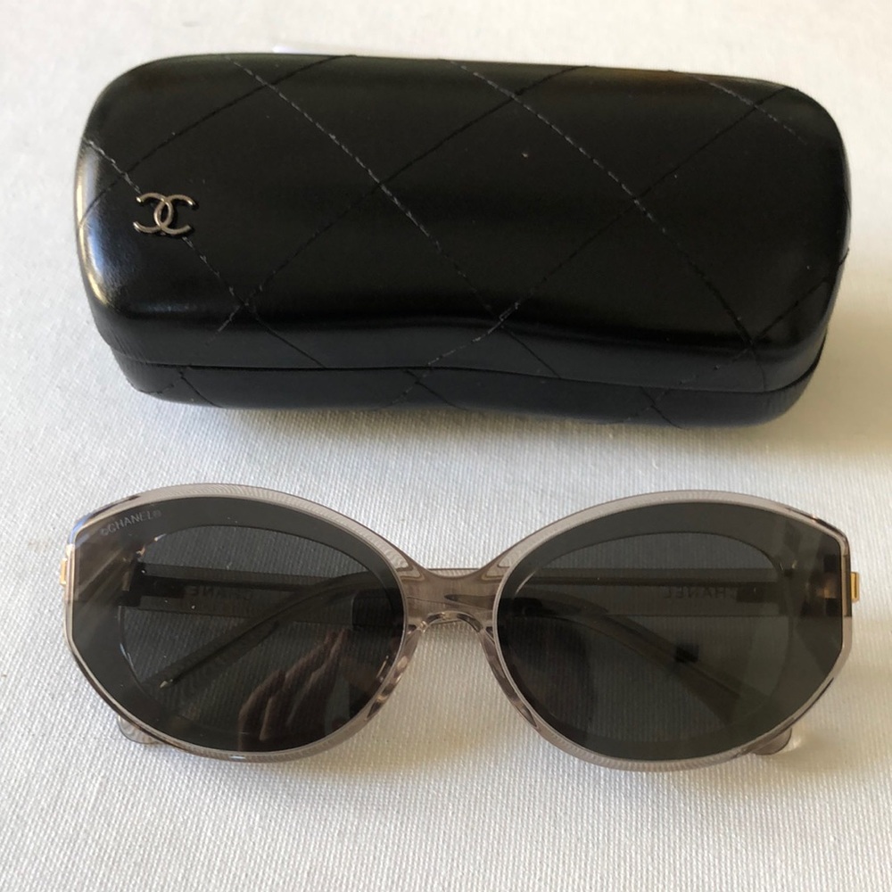 Chanel Gray Oval Sunglasses with CC lock on handles & Quilted Case